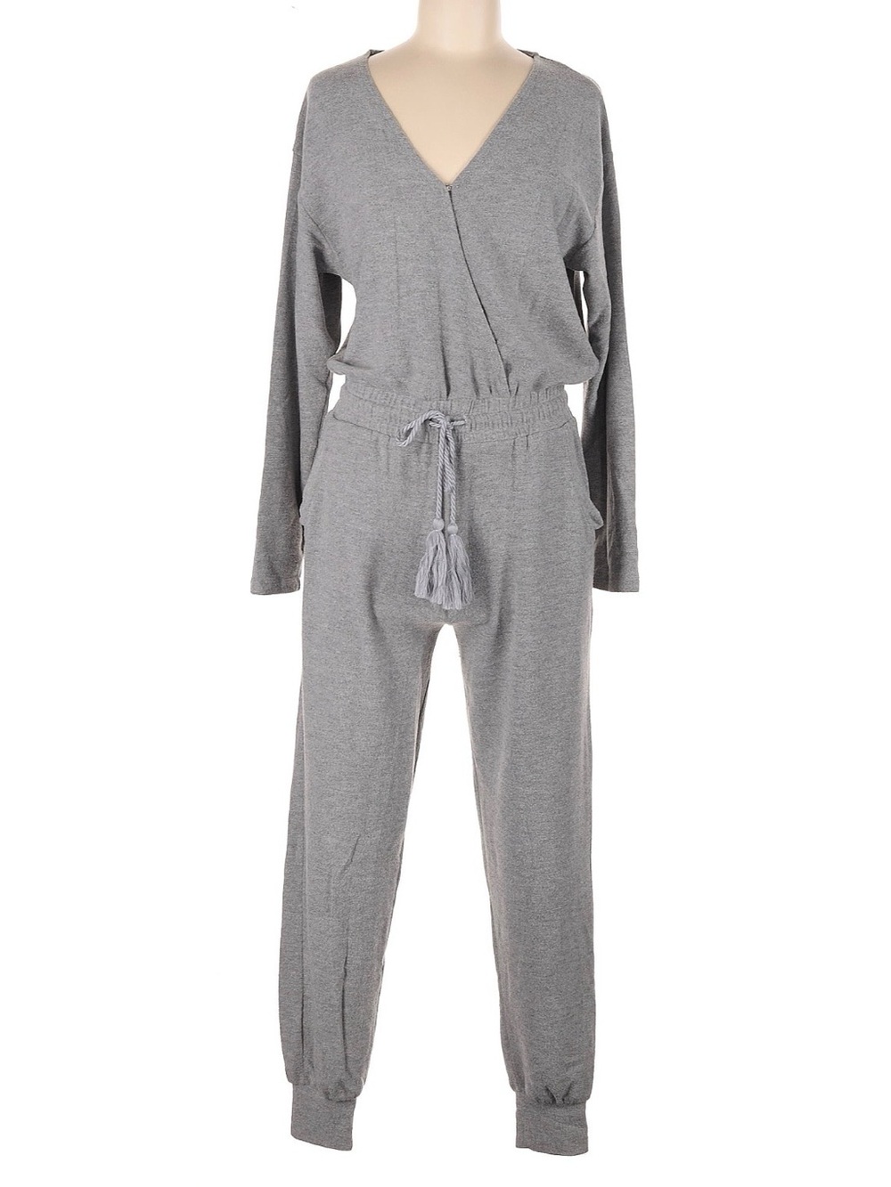 Another Love Gray Knit Jumpsuit with Tassel Drawstring
